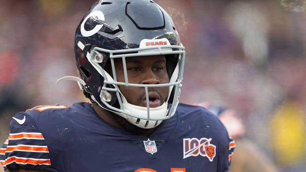 Bears defensive tackle Eddie Goldman (91) stands on the sidelines in the second half against the Giants at Soldier Field.